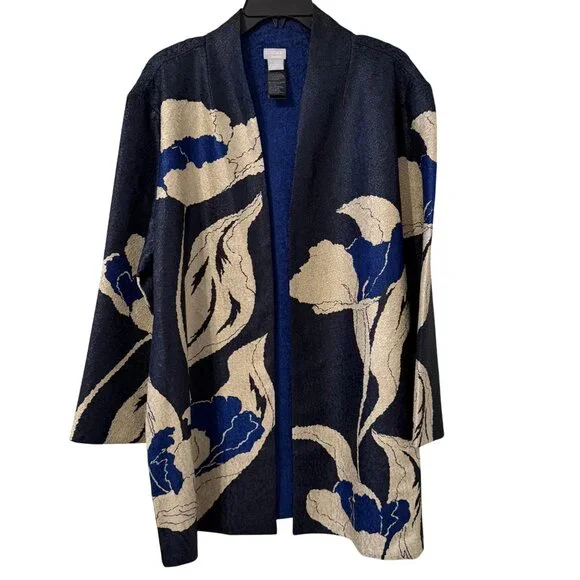 Chicos Travelers Reversible Open Front Jacket With Floral/Solid Design Size 16/1 - Picture 2 of 12